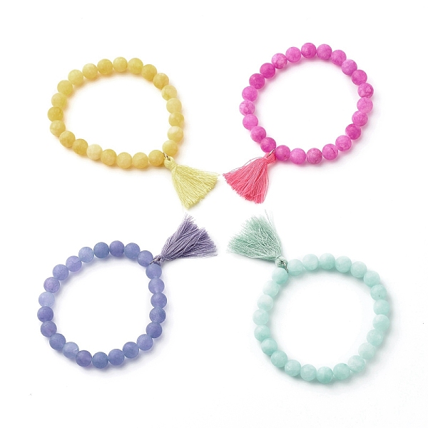 PandaHall Dyed Natural White Jade(Dyed) Beaded Bracelet, Wealth Bracelets with Cotton Thread Tassel, Mixed Color, Inner Diameter: 2-1/8 inch...