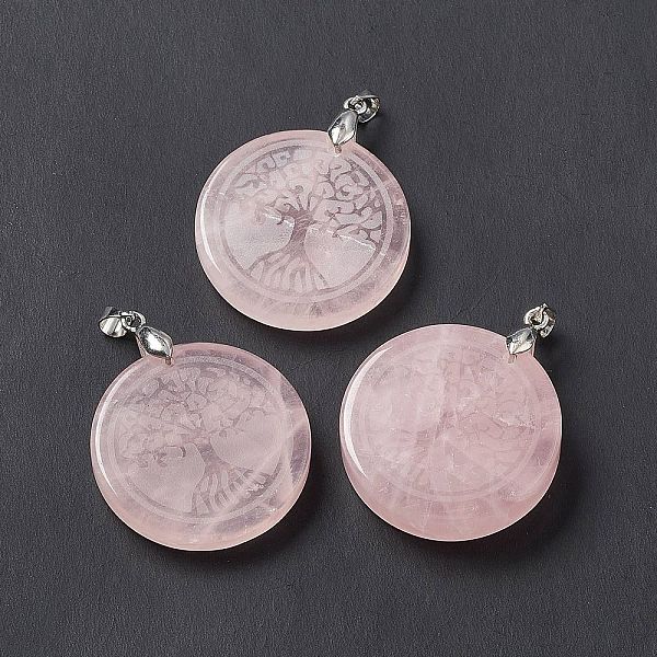 

PandaHall Natural Rose Quartz Pendants, Flat Round Charms with Tree of Life Pattern, with Rack Plating Platinum Tone Brass Findings, Cadmium...