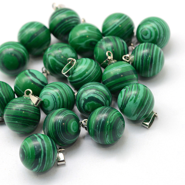 

PandaHall Round Dyed Synthetic Malachite Pendants, with Platinum Tone Brass Findings, 17~19x13~14mm, Hole: 2x7mm Malachite Round