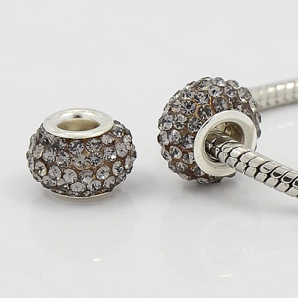 

PandaHall Grade A Rhinestone European Beads, Large Hole Beads, Resin, with Silver Color Plated Brass Core, Rondelle, Black Diamond, 15x10mm..., Gray