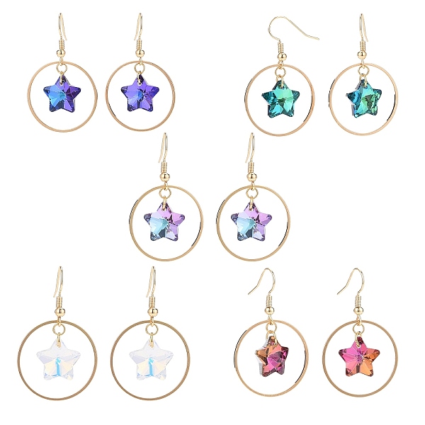 

PandaHall Bling Glass Star Dangle Earrings, Golden Brass Jewelry for Women, Mixed Color, 40~42mm, Pin: 0.7mm Glass Multicolor