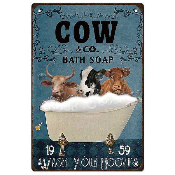 PandaHall SUPERDANT Cow Metal Tin Signs Vintage Funny Animal Bathtub Bathroom Art Iron Rustic Wall Decor Plaque Retro Metal Poster Decor...