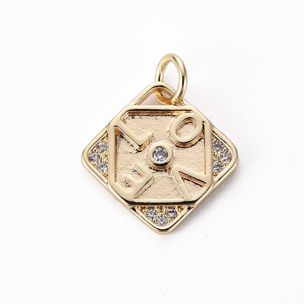 

PandaHall Brass Micro Pave Clear Cubic Zirconia Charms, Rhombus with Word Love, for Valentine's Day, with Jump Rings, Nickel Free, Real 18K...