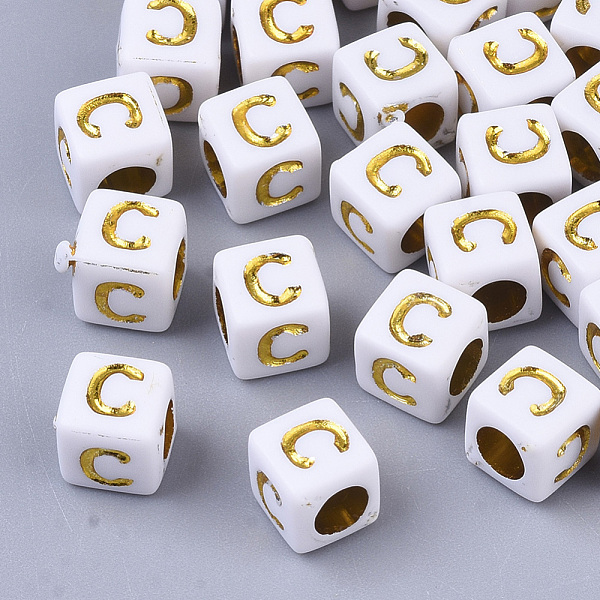 

PandaHall Plating Acrylic Beads, Horizontal Hole, Golden Metal Enlaced, Alphabet Style, Cube, Letter.C, 5.5~6x5.5~6x5.5~6mm, Hole: 3.5mm..., Gold