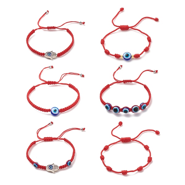 

PandaHall 6Pcs 6 Style Alloy Hamsa Hand & Resin Evil Eye Braided Bead Bracelets Set, Lucky Nylon Knot Adjustable Bracelets for Kids, Red...