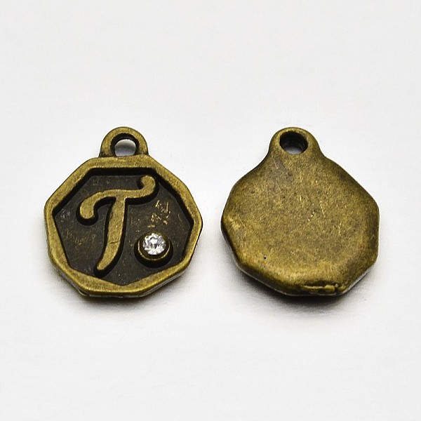 

PandaHall Antique Bronze Plated Alloy Rhinestone Charms, Flat Round with Letter.T, Nickel Free, 13x10x1.5mm, Hole: 1mm Alloy+Rhinestone..., Clear