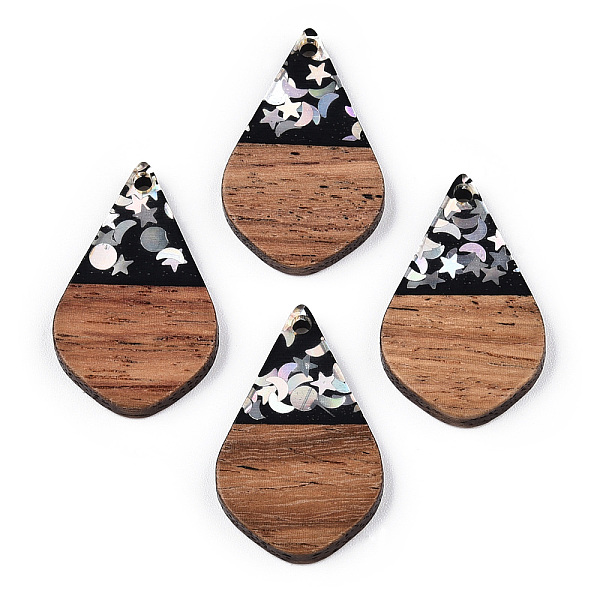 

PandaHall Opaque Resin & Walnut Wood Pendants, Teardrop Charms with Stars & Moon & Sun Paillettes, Waxed, Silver, 28x18x3.5mm, Hole: 1.8mm...