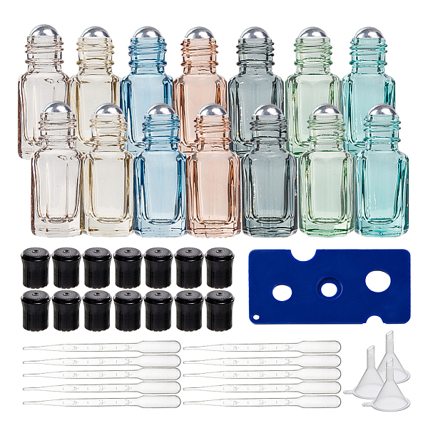 PandaHall BENECREAT 14 Packs 3ml Multi-color Travel Essential Oil Roller Bottle Mini Glass Cosmetic Vials with Opener, Dropper and Funnel...
