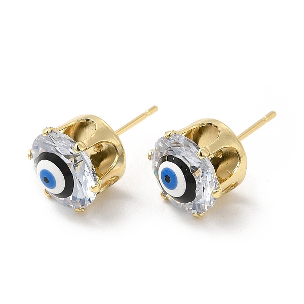 Flat Round Glass With Enamel Evil Eye Stud Earrings