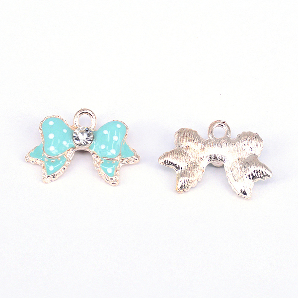 

PandaHall Rack Plating Alloy Enamel Pendants, with Crystal Rhinestone, Bowknot, Light Gold, Cyan, 17x25x5mm, Hole: 2.5mm Alloy...