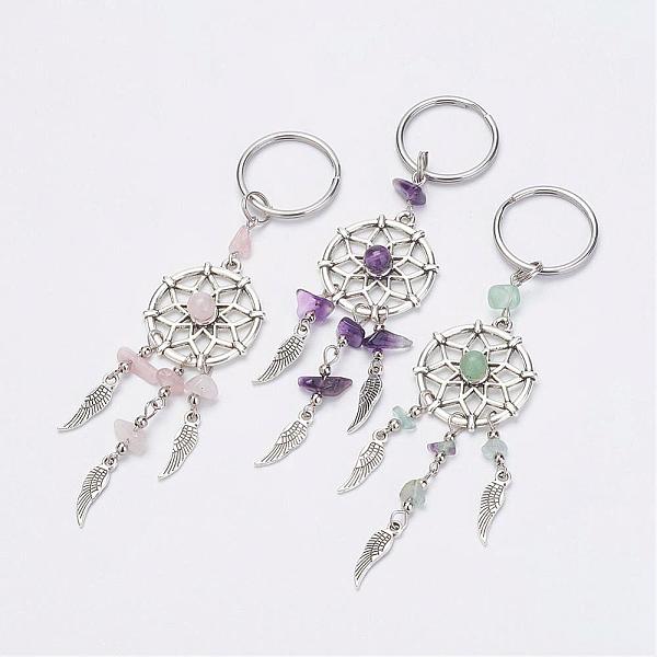 

PandaHall Woven Net/Web with Feather Alloy Keychain, with Natural Mixed Stone Beads and 304 Stainless Steel Key Rings, Antique Silver and...