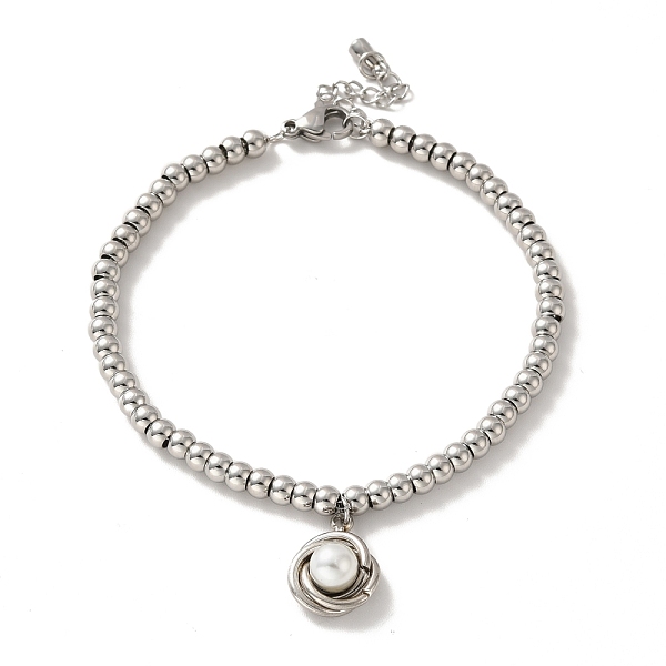 

PandaHall 201 Stainless Steel Interlocking Knot with Plastic Pearl Charm Bracelet with Round Beads for Women, Stainless Steel Color, 8-3/4...