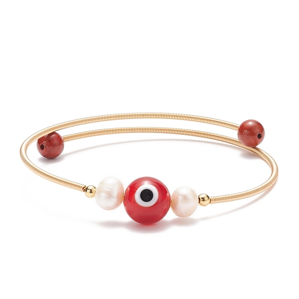 

PandaHall Natural Red Jasper & Evil Eye Lampwork & Natural Pearl Beaded Bangle, Brass Torque Bangle for Women, Golden, Inner Diameter: 2-1/8...