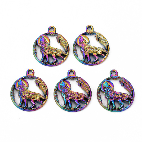 

PandaHall Alloy Howling Wolf Pendants, Cadmium Free & Nickel Free & Lead Free, Flat Round with Wolf, Rainbow Color, 25x21x3mm, Hole: 1.8mm...