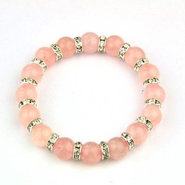 

PandaHall Fashion Gemstone Stretch Bracelets, Stretch Bracelets, with Brass Rhinestone Beads, Pink, 53mm Rose Quartz Pink