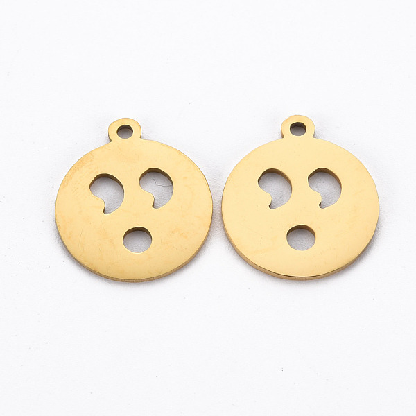 

PandaHall Ion Plating(IP) 201 Stainless Steel Pendants, Cut, Flat Round with Expression, Golden, 17.5x15x1mm, Hole: 1.5mm 201 Stainless...