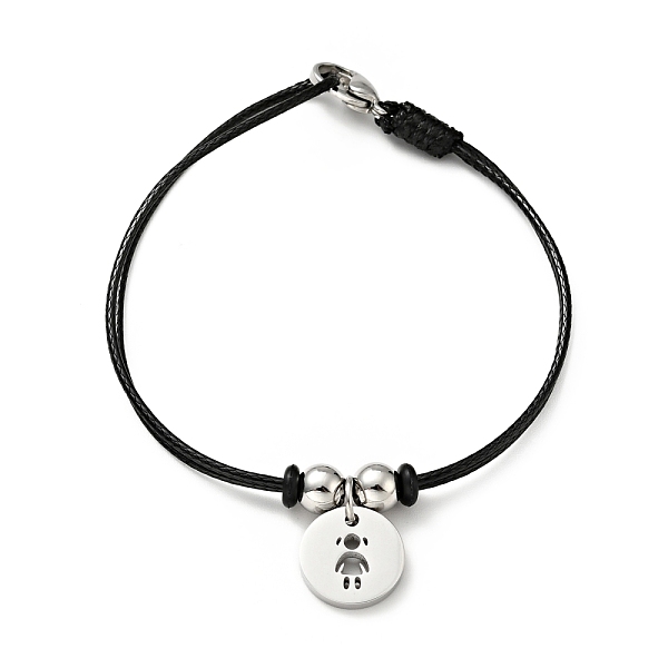 

PandaHall 304 Stainless Steel Girl Charm Bracelet with Waxed Cord for Women, Stainless Steel Color, 7 inch(17.8cm) Waxed Cord Black