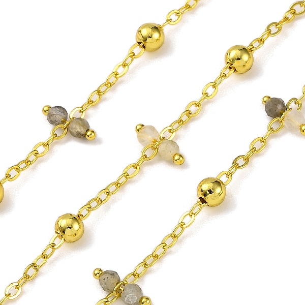 Handmade Faceted Natural Labradorite Beaded Chains, Soldered, with Spool, Long-Lasting Plated, Real 18K Gold Plated, Lead Free & Cadmium Free, Links: 9.5x2.5-3mm, Beads: 4mm