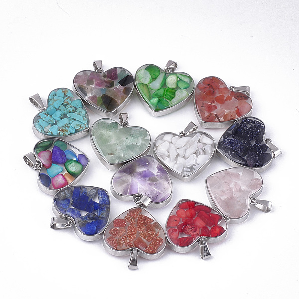 

PandaHall Natural & Synthetic Mixed Stone/Shell Pendants, with Glass and 304 Stainless Steel Findings, Heart, Stainless Steel Color...