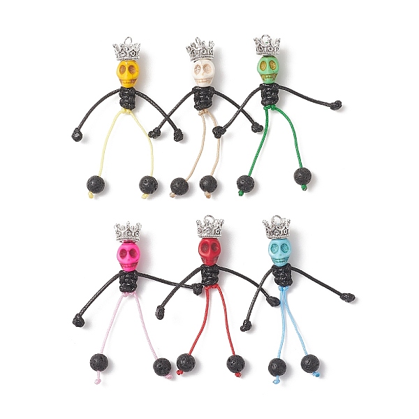 

PandaHall 6Pcs 6 Colors Dyed Synthetic Turquoise Halloween Kings Skull Big Pendants, Handmade Rope Arms and Legs Charms with Natural Lava..., Multicolor