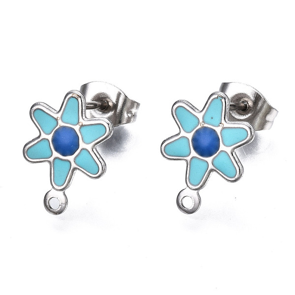 PandaHall 304 Stainless Steel Enamel Stud Earring Findings, with Loop and Ear Nuts/Earring Backs, Flower, Deep Sky Blue, 12.5x9mm, Hole: 1mm...