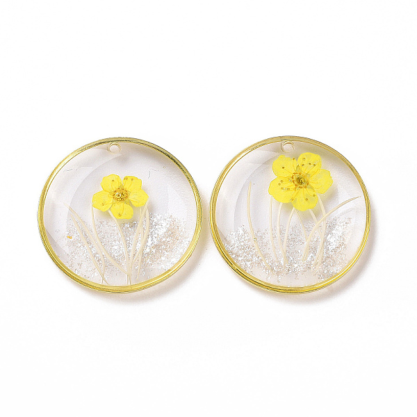 

PandaHall Transparent Clear Epoxy Resin Pendants, with Edge Golden Plated Brass Loops, Flat Round Charms with Inner Flower, Yellow, 22x4mm...