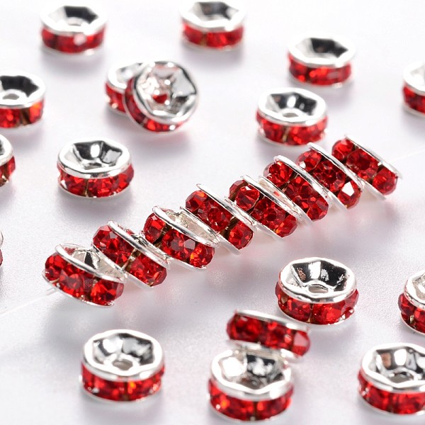 

PandaHall Brass Grade A Rhinestone Spacer Beads, Silver Color Plated, Nickel Free, Light Siam, 6x3mm, Hole: 1mm Brass+Rhinestone Rondelle..., Red