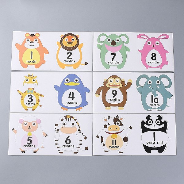 PandaHall 1~12 Months Number Themes Baby Milestone Stickers, Animal Pattern, 220x110mm, 2pc/Sheet, 12pcs/Set Paper Other Animal