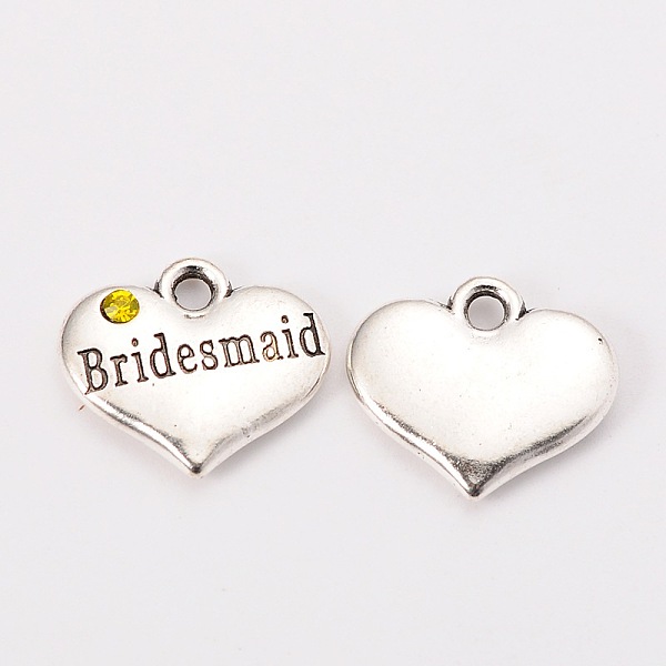 

PandaHall Wedding Theme Antique Silver Tone Tibetan Style Heart with Bridesmaid Rhinestone Charms, Cadmium Free & Lead Free, Citrine..., Orange