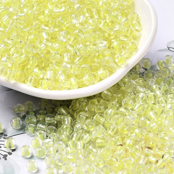 

PandaHall Transparent Glass Round Seed Beads, Inside Colours, Round, Champagne Yellow, 6/0, 4x3mm, Hole: 1.2mm, about 7258pcs/pound Glass