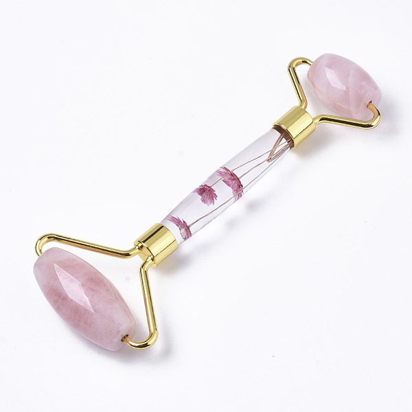 

PandaHall Natural Rose Quartz Massage Tools, Facial Rollers, with K9 Glass & Dried Flower Handle & Zinc Alloy Findings, Golden...