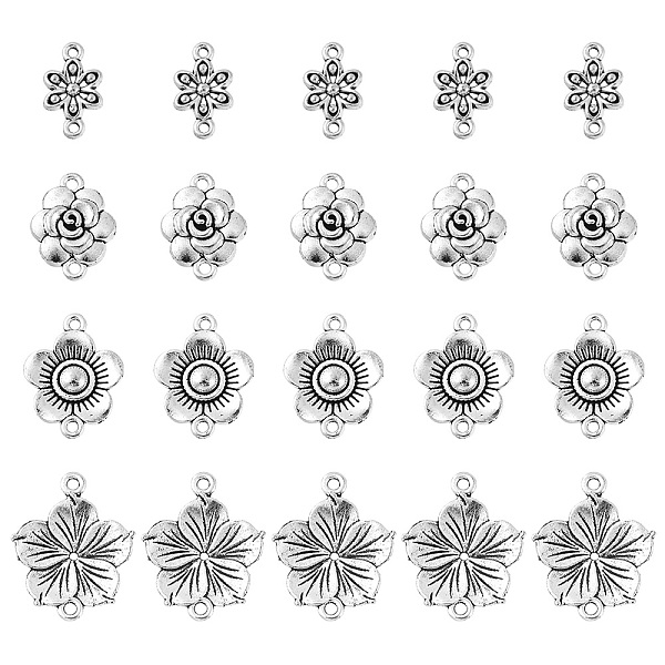 

PandaHall 20Pcs 4 Styles Tibetan Style Zinc Alloy Connector Charms, Flower Links, Antique Silver, 14~21x10~26x2~3.5mm, Hole: 1.4~1.8mm...