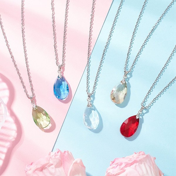 Glass Faceted Teardrop Pendant 304 Stainless Steel Cable Pendant Necklaces for Women