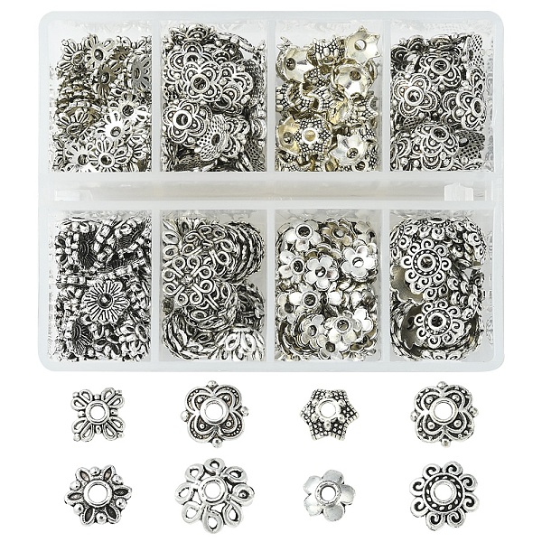 

PandaHall 8 Style Tibetan Style Alloy Bead Caps, Flower, Antique Silver, 2~9x2~8mm, Hole: 1~2mm, 410pcs/box Alloy