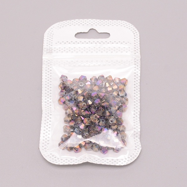 

PandaHall Electroplate Glass Beads, Half AB Color Plated, Faceted, Bicone, Gray, 3.5~4x4~4.5mm, Hole: 0.9~1mm, 100pcs/bag Glass Bicone Gray