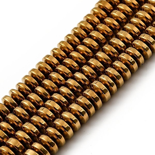

PandaHall Non-Magnetic Synthetic Hematite Beads Strands, Rondelle, Golden Plated, 6x3mm, Hole: 1mm Non-magnetic Hematite Rondelle Gold