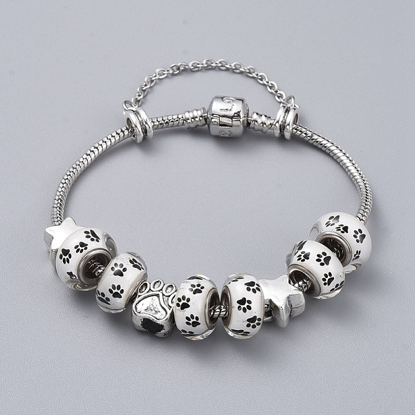 

PandaHall Brass European Bracelets, with 304 Stainless Steel Rolo Chains, Glue Glass and Tibetan Style Alloy European Beads, with Cardboard..., White