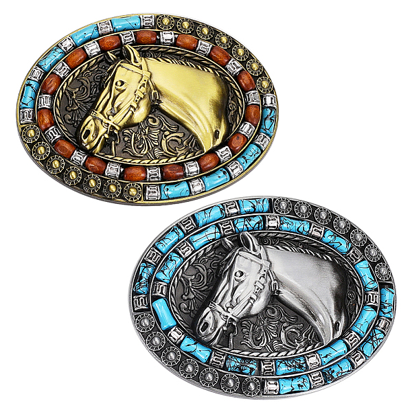 

PandaHall AHADERMAKER 2Pcs 2 Style Zinc Alloy Smooth Buckles, Belt Fastener for Men, with Synthetic Turquoise, Oval with Cowboy Hat & Horse...