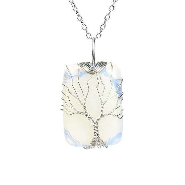 

PandaHall Opalite Pendant Necklace with Brass Cable Chains, Rectangle with Tree, 20.47 inch(52cm) Opalite