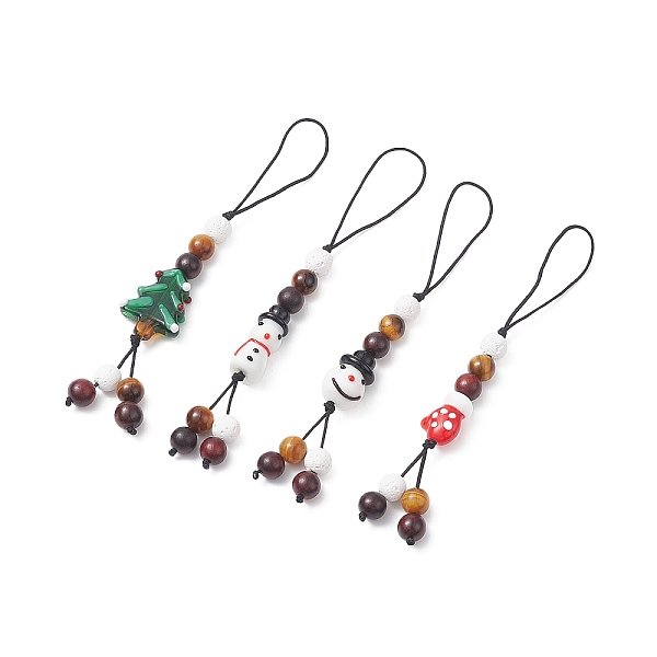 

PandaHall Christmas Handmade Lampwork Mobile Straps, with Wood & Synthetic Lava Rock & Natural Tiger Eye Beads, Nylon Thread Mobile..., Multicolor