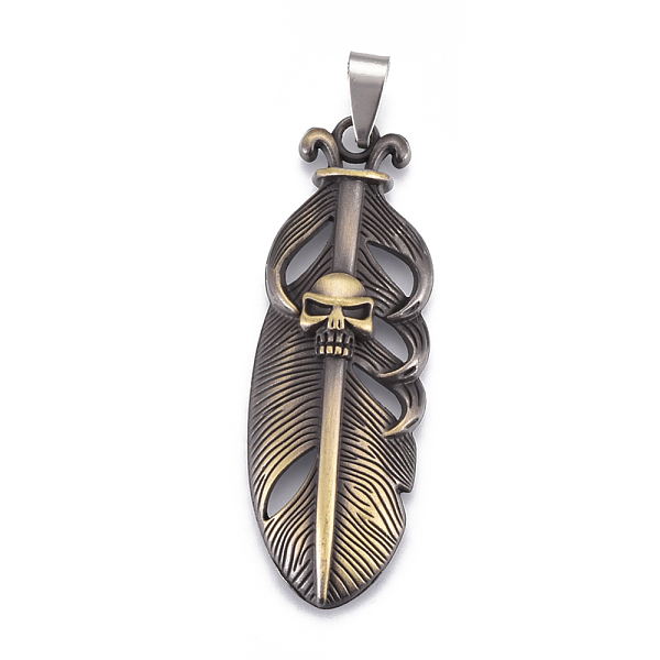

PandaHall Tibetan Style Alloy Pendants, with Stainless Steel Findings, Feather with Skull, Antique Bronze, 54.5x19x7mm, Hole: 4mm Alloy...