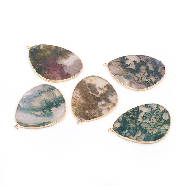 

PandaHall Natural Moss Agate Pendants, with Brass Findings, Golden, 42x30.5x1.5~2mm, Hole: 1.6mm Moss Agate Others