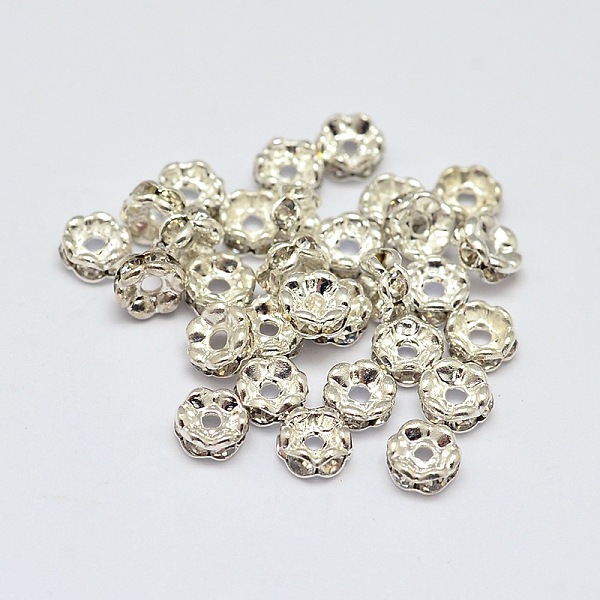 

PandaHall Flower Brass Rhinestone Bead Spacers, Silver Color Plated, 4x2mm, Hole: 1mm Brass+Rhinestone Flower Clear