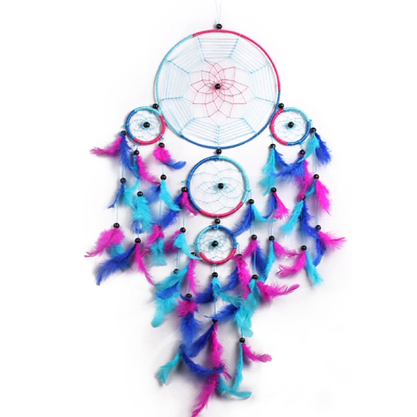 

PandaHall Spider Five Rings Woven Net/Web with Feather with Iron Pendants Decoration, Home Craft Wall Hanging, Car Feather Pendant, Blue...