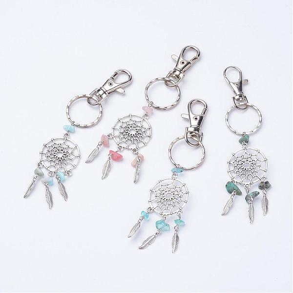 

PandaHall Woven Net/Web with Feather Alloy Keychain, with Natural Mixed Gemstone Beads and Iron Key Rings, Antique Silver and Platinum..., Multicolor