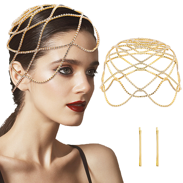 

PandaHall Rhinestone Mesh Headpiece Cap, Brass Head Chain Bridal Party Hair Accessories for Women Girls, Golden, 200x3mm Brass