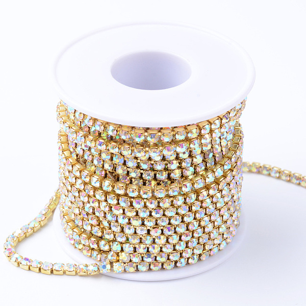 

PandaHall Brass Rhinestone Strass Chains, Rhinestone Cup Chains, with Spool, Raw(Unplated), Crystal AB, 2mm, about 10yards/roll..., Clear