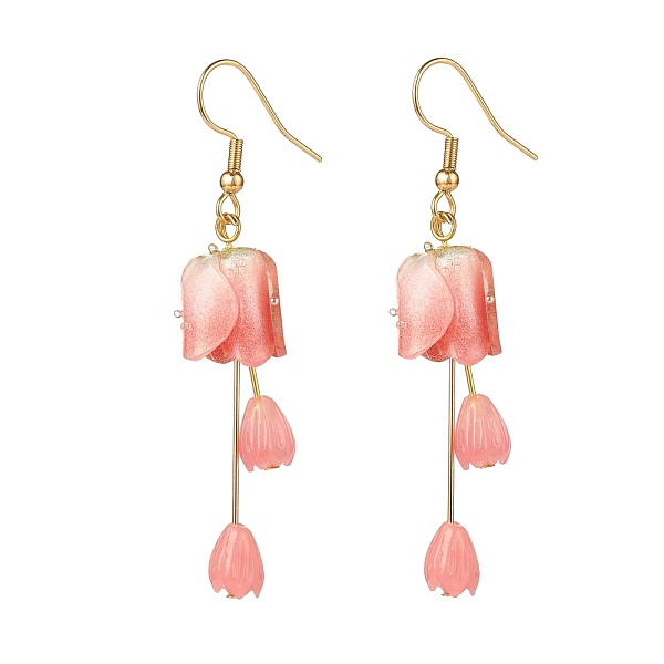 

PandaHall Plastic 3D Flower Long Dangle Earrings, Gold Plated 304 Stainless Steel Jewelry for Women, Light Coral, 62mm, Pin: 0.8mm Plastic