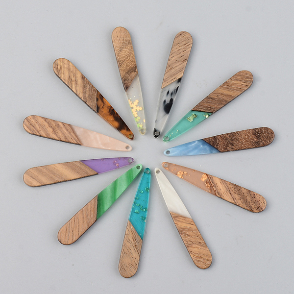 

PandaHall Resin & Walnut Wood Pendants, Teardrop, Mixed Style, Mixed Color, 44x7.5x3mm, Hole: 1.5mm Resin+Wood Teardrop Multicolor