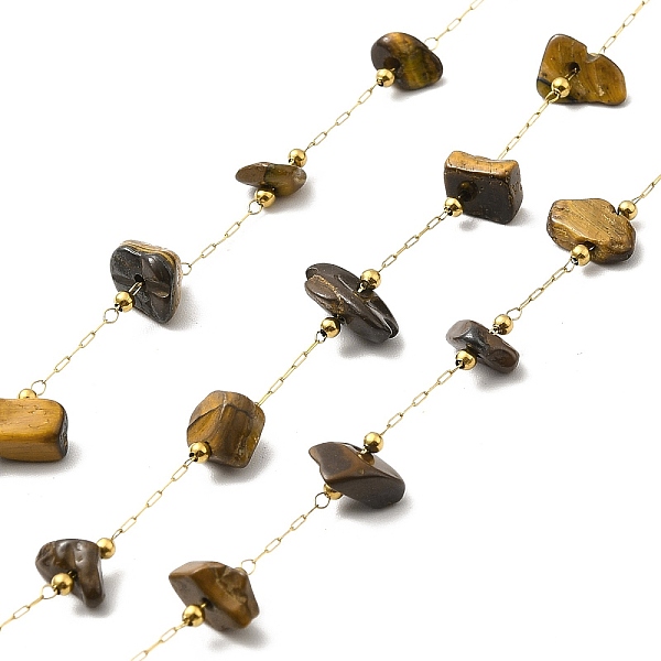

PandaHall Ion Plating(IP) 316 Surgical Stainless Steel Paperclip Chains, with Natural Tiger Eye Nuggets Beads, Soldered, Real 18K Gold...